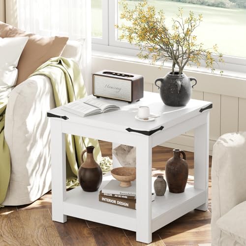Homieasy End Table, 20x20 Inch Square Side Table for Living Room, Large Wood Accent Table with Storage Shelf, Modern Farmhouse Nightstand Bedside Table, White - color: White