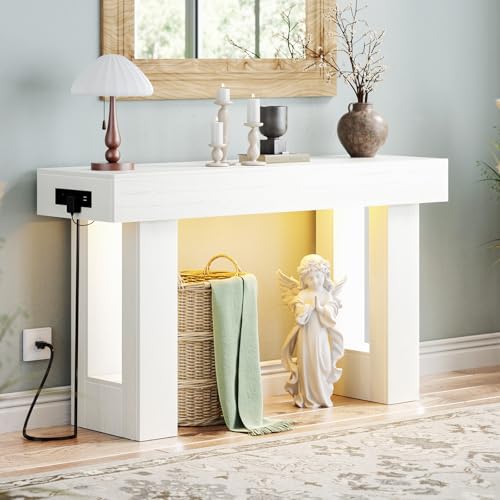 Unikito 47" Entryway Table with Socket & Sensor Light, Rustic White | Narrow Console Table with Storage Behind Couch, Farmhouse Foyer Table with Open Storage Versatile for Entrance Living Room - color: Rustic White, size: 47IN