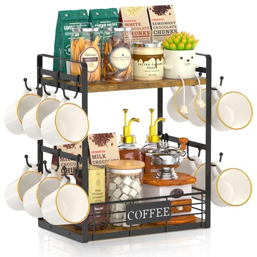 EsLuker.ly Coffee Mug Cup Holder Tree Bar Station Organizer, 2 Tier Mug Stand Rack for Countertop Kitchen, Storage Tower Display Shelf with 12 Hooks, Coffee Nook Enhancer - color: Antique Brown + Black