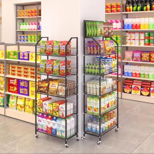 5 Tier Retail Storage Rack, Snack Rack Display Stand, Retail Display Organizer Shelves with Hooks & Wheels, Metal Snack Shelf for Store Home Kitchen, Black Chip Rack Display Stand (5 Tier) - size: 5 Tier（19.7inch）