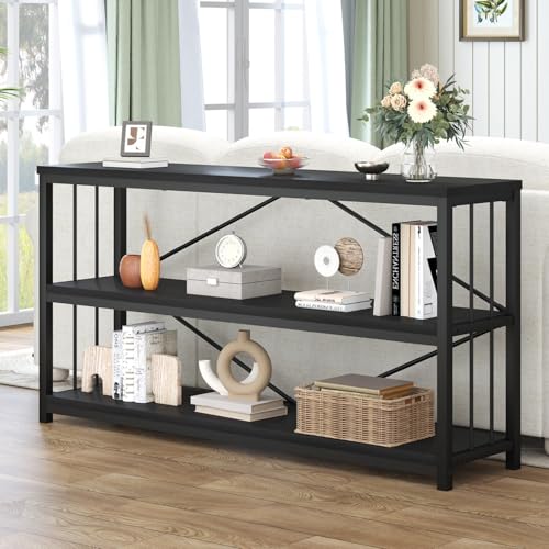 HSH Black Horizontal Bookcase, Metal and Wood Low Bookshelves with 3 Tier Shelf for Home Office, Modern Wooden Wide Open Etagere Bookcase with Storage for Bedroom Living Room, Black Oak, 55 Inch - color: Black Oak, size: 55 Inch