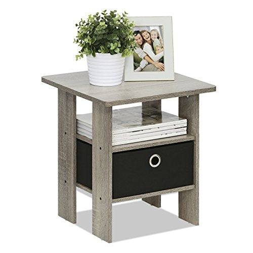 Furinno ANDREY Square Side Table, End Table, Night Stand, French Oak | Open Shelves and Storage Bin, Bedside Table, for Living Room, Bedroom - color: French Oak, size: 1-Pack, Center Bin