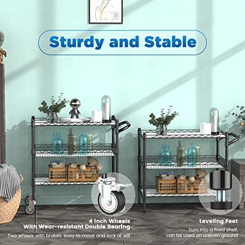 Leteuke 3 Tier Rolling Carts with Wheels, Heavy Duty Rolling Utility Cart | NSF Commercial Grade Metal Cart with Handle&Shelf Liner,Trolley Serving Cart for Kitchen,Restaurant,Plant Display,Black - color: Matte Black