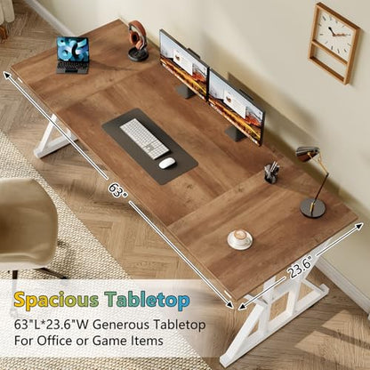 TVU Computer Desk, 63 inch Large Office Desk, Study Writing Table with Thicken Frame, Gaming Desk, Modern Simple Desk for Home Office, Brown - color: Brown, size: 63inch
