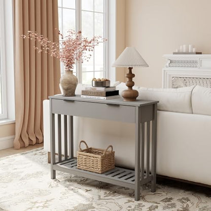 TaoHFE Grey Narrow Console Table with Drawer Storage Shelf, Modern Wooden Entryway Sofa Table, 39 Inch Slim Behind Couch Table, Side Display Console Table for Living Room,Office,Grey - color: Grey