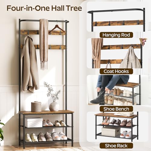 Hall Tree, Coat Rack with Shoe Bench, 4-in-1 Entryway Bench with Storage Shelves, Hanging Rod and 8 Movable Hooks, Hall Tree with Storage Bench for Hallway, Rustic Brown and Black MT02BR