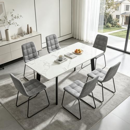 47.2"-63" Extendable Dining Room Table Set for 4-8 People, White | Removable Extension Leaf, Robust MDF Rectangle Tabletop, 6 Grey U-shaped PU Leather Chairs, Heavy Duty Modern Kitchen Table - color: 47.2'' - 63'' White Table+6 U Grey Chairs