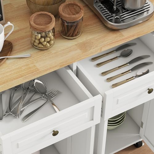 HOMCOM Kitchen Island Cart with Solid Wood Top, 44" Mobile Kitchen Island Table on Wheels with Storage Cabinets, 2 Drawers, Adjustable Shelves, Spice Rack & Towel Bar for Dining Room, Cream White - color: Cream White