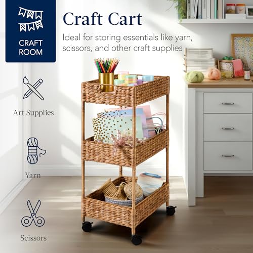 Best Choice Products 3-Tier Water Hyacinth Rolling Nursery Caddy w/Wheels, Utility Cart, Storage Organization for Bathroom, Craft Room, Laundry Room - Chestnut - color: Chestnut