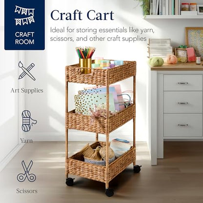 Best Choice Products 3-Tier Water Hyacinth Rolling Nursery Caddy w/Wheels, Utility Cart, Storage Organization for Bathroom, Craft Room, Laundry Room - Chestnut - color: Chestnut