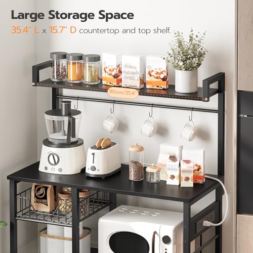 HOOBRO Bakers Rack with Power Outlet, 35.4 Inches Coffee Bar with Mesh Basket, Microwave Stand with 4 S-Shaped Hooks, Kitchen Bakers Rack with Storage, Easy to Assemble, Black BB05HB01 - color: Black