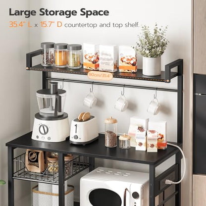 HOOBRO Bakers Rack with Power Outlet, 35.4 Inches Coffee Bar with Mesh Basket, Microwave Stand with 4 S-Shaped Hooks, Kitchen Bakers Rack with Storage, Easy to Assemble, Black BB05HB01 - color: Black