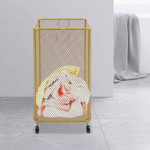 Metal Laundry Storage Basket on Wheels - Square, Rolling Hamper Cart with Mesh Wire & Ring Handles, Stackable Storage Organizer Clothing Sorting Rack for Clothes and Linens, 12"L x 12"W x 22"H (Gold)