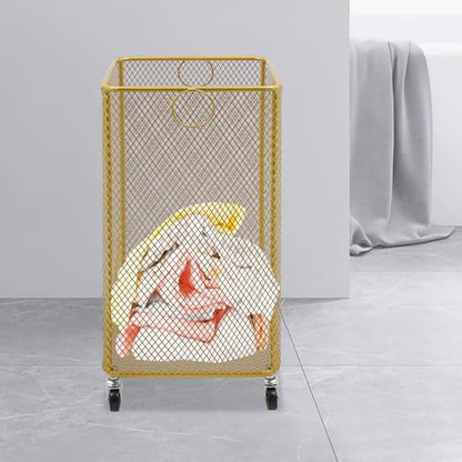 Metal Laundry Storage Basket on Wheels - Square, Rolling Hamper Cart with Mesh Wire & Ring Handles, Stackable Storage Organizer Clothing Sorting Rack for Clothes and Linens, 12"L x 12"W x 22"H (Gold)