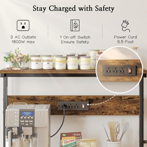 SUPERJARE Bakers Rack with Power Outlets, Microwave Stand, 31.5 X 16.5 Inch Larger Desktop, Kitchen Storage Rack with Adjustable Middle Shelf, 6 S-Shaped Hooks, Coffee Bar Stand, Rustic Brown - color: Rustic Brown, size: 31.5 inch