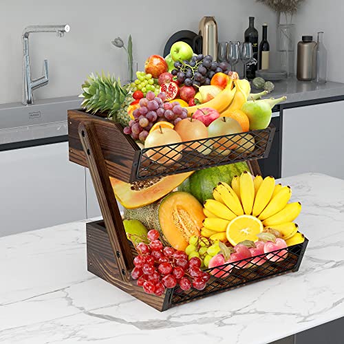 Dorhors Fruit Basket for Kitchen,Fruit Bowl,Kitchen Counter Organizer,Wooden Vegetable Holder for Countertop,Bread Storage Basket Stand(2 Tier) - size: 2 Tier
