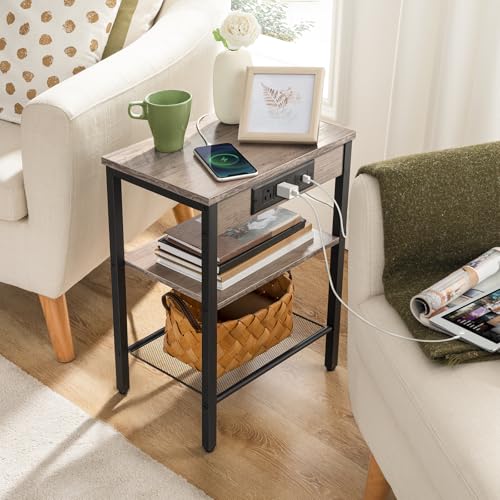 HOOBRO Side Tables Set of 2 with Charging Station and USB Port, Small End Tables for Small Space, 3-Tier Nightstands with Adjustable Shelf, for Living Room, Bedroom, Greige and Black BG112BZP201 - color: Greige + Black