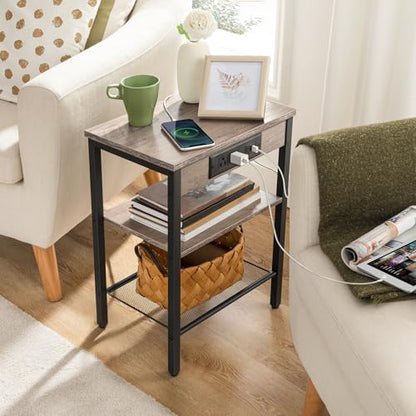 HOOBRO Side Tables Set of 2 with Charging Station and USB Port, Small End Tables for Small Space, 3-Tier Nightstands with Adjustable Shelf, for Living Room, Bedroom, Greige and Black BG112BZP201 - color: Greige + Black