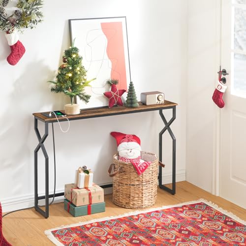 MAHANCRIS 44.9" Sofa Table, 9.4" Narrow Console Table with Charging Station, Couch Table Behind Sofa with Outlet, Entryway Table with Display Shelf, Living Room, Rustic Brown CTHR113E01 - color: Rustic Brown + Black