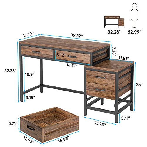 Tribesigns Computer Desk with 5 Drawers, Home Office Desks with Reversible Drawer Cabinet Printer Stand, Industrial PC Desk with Storage, Rustic Study Writing Table Workstation for Small Spaces - color: Rustic Brown