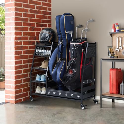 Lauren&Harold Golf Bag Organizer Garage Storage, Golf Storage Rack Stand Fits 2 Golf Bags, Golf Clubs and Other Golfing Equipment Accessories, Golf Organizer for Garage, Club, Shed, Basement - color: Black, size: Middle
