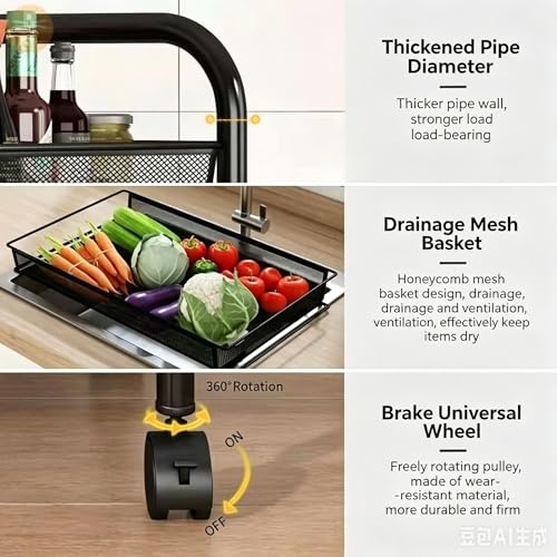 3-Tier Rolling Storage Cart, Metal Mesh Basket Shelves on Wheels, Black, for Kitchen, Nursery and Snack Organization