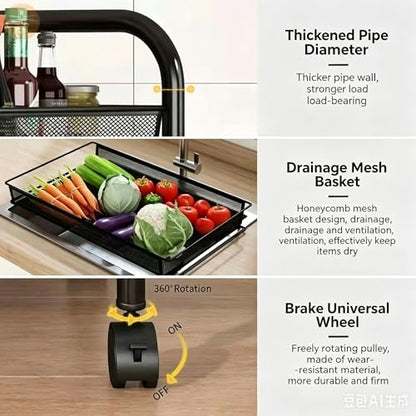 3-Tier Rolling Storage Cart, Metal Mesh Basket Shelves on Wheels, Black, for Kitchen, Nursery and Snack Organization