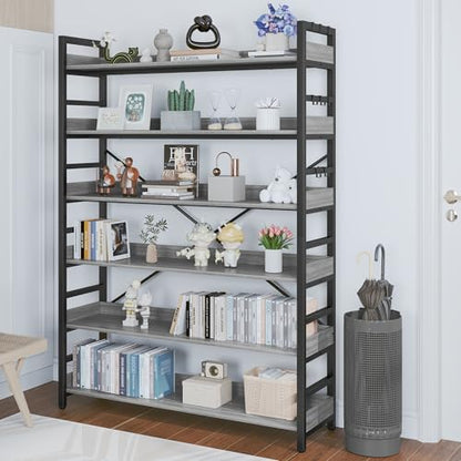 HCHQHS Bookshelf, Adjustable Industrial Bookcase, Vertical Tall Book Shelf, Wood and Black Metal Open Bookshelves for Home Office, Living Room, Bedroom (Grey, 6-Tier (47" W x 70" H)) - color: Grey, size: 6-Tier (47"W x 70"H)