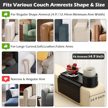 Couch Cup Holder Tray, 15.75" Bamboo Cup Holder for Couch, 3 in 1 Foldable Arm Chair Clip on Side Tray Table for Remote Snack Table on Armrest - color: Black