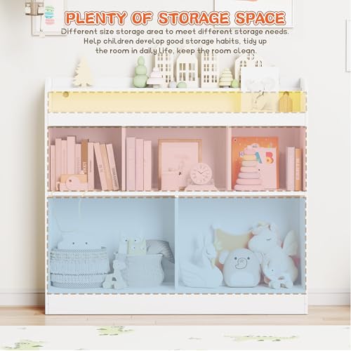 Lkeiyay Kids Bookshelf with LED Lights, Montessori Storage Unit, White | Freestanding open cubby kids bookcase with LED light, rounded safety edges, perfect for kids bedroom, playroom & nursery - color: All White