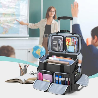 CURMIO Rolling Teacher Tote Bag with Padded Laptop Compartment for up to 15.6 Inches Laptop, Wheeled Teacher Bag for Teaching, Office, Craft, Black - color: Black