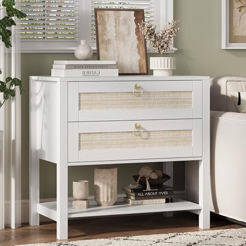 Xixini Rattan Nightstand with 2 Drawers and Open Shelf, 27" Wide Boho Bedside Table with Brass Knobs, Mid-Century Modern Wooden End Table for Bedroom, White - color: White