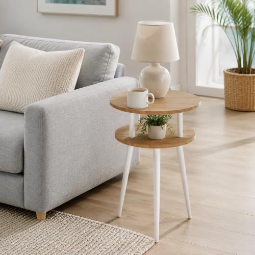 Small End Table for Living Room, 2-Tier Round Side Table with Metal Leg,Compact Sofa Circle Bedside Table Nightstand with Storage, Accent Table for Bedroom, Natural Wood - color: Oak and White