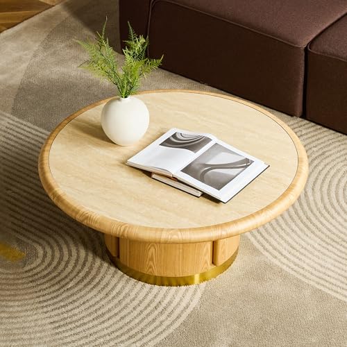 35.43'' Round Coffee Table with Sintered Stone Tabletop for Living Room, Modern Circle Wood Pedestal Coffee Table with Brushed Stainless Steel, Easy Assembly, Natural - color: Ø35.43'' -Natural