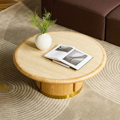 35.43'' Round Coffee Table with Sintered Stone Tabletop for Living Room, Modern Circle Wood Pedestal Coffee Table with Brushed Stainless Steel, Easy Assembly, Natural - color: Ø35.43'' -Natural