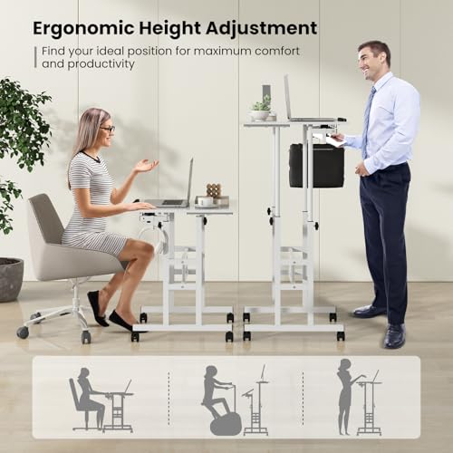 Tangkula Mobile Standing Desk, Height-Adjustable Laptop Podium Cart with Tilting Tabletop & Adjustable Angle, Rolling Stand Up Computer Desk with 2 Hanging Hooks & Lockable Casters for Home Office - color: White