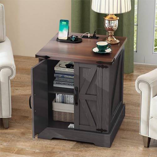 Farmhouse End Table with Charging Station, Rustic Wood Nightstand with Adjustable Shelf, 19.6"W Versatile Walnut Sofa Side Table with Barn Doors and Retro Hinges for Bedroom, Living Room (Grey-kk025) - color: Grey-kk025