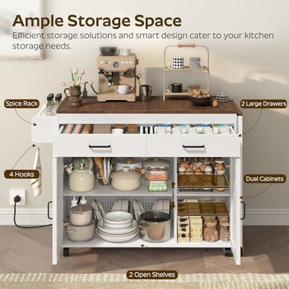 YATINEY Extendable Kitchen Island, Large Mobile Kitchen Storage Island, Rolling Kitchen Cart with Outlets, Island Table for Kitchen, White ZD03UWH - color: White +Walnut