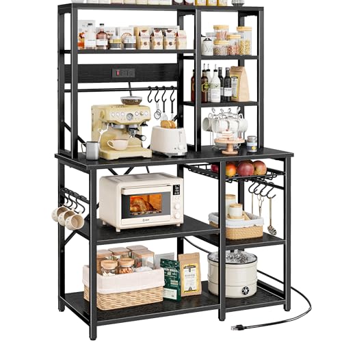 SUPERJARE Large Bakers Rack with Power Outlets, 6-Tier Microwave Stand, Coffee Bar with 12 S-Shaped Hooks, Kitchen Shelf with Wire Basket, 39.4 x 14.6 x 66.9 Inches, Black - color: Black, size: 39.4inch