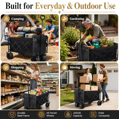 Wagons Carts Foldable Heavy Duty, 600 lb Tank Wheel Wagon with Brakes | Tank wheel utility wagon for groceries, beach, camping, garden and moving; 220L storage, all-terrain wheels and dual brakes - color: Light Black