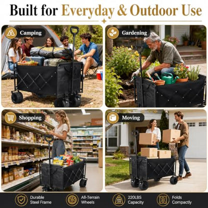 Wagons Carts Foldable Heavy Duty, 600 lb Tank Wheel Wagon with Brakes | Tank wheel utility wagon for groceries, beach, camping, garden and moving; 220L storage, all-terrain wheels and dual brakes - color: Light Black