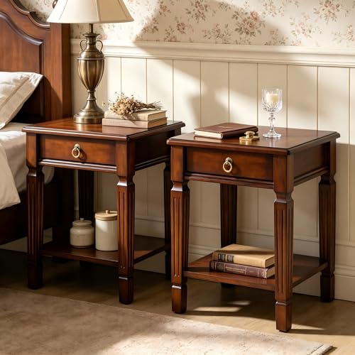 Set of 2 Small End Table with Drawer and Storage Shelf, Traditional Square Sofa Side Table with Straight Carved Legs, 2-Tier Bedside Tables Nightstand in Dark Cherry, 17.7" Dx21.9 H - size: 2PCS