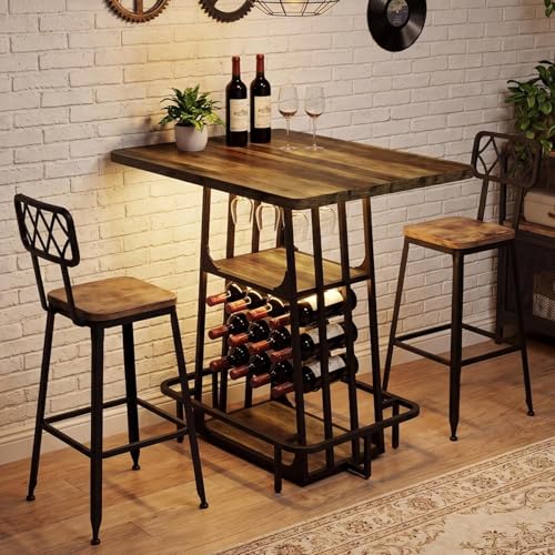 Tribesigns Bar Table, Industrial Counter Height Pub Table, Black and Brown | with Glass Holder and Wine Storage,3-Tier Cocktail Table, Home Bar Unit with Metal Footrest for Kitchen, Bistro, Dining Room