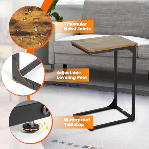 FDW C-Shaped End Table Wooden Top Side Table Adjustable Feet Small Cough Table Bedside End Table with Metal Frame for Bedroom Living Room,Set of 2,Brown - color: Brown