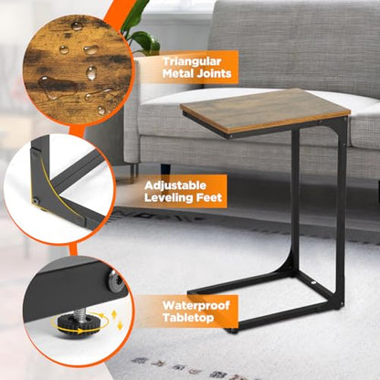FDW C-Shaped End Table Wooden Top Side Table Adjustable Feet Small Cough Table Bedside End Table with Metal Frame for Bedroom Living Room,Set of 2,Brown - color: Brown