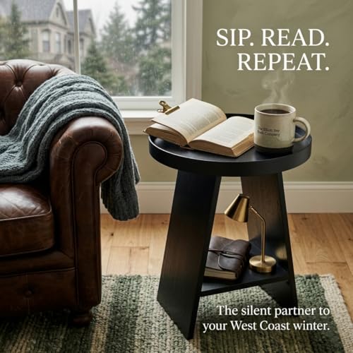 Round End Table with 17.7 inch Tray Top, 2-Tier Side Table with Storage Shelf, Modern Farmhouse Industrial Wood Nightstand for Living Room, Bedroom, Small Spaces (Black) - color: Black