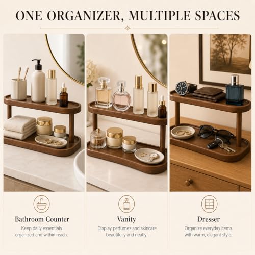 Adkoat® Two Tier Bathroom Desktop Countertop Organizer - Pine Wooden Perfume Vanity Stand Counter Shelf for Cologne Skincare Makeup Dresser Organizer - Matcha Station | Mug Display - 12.6 x 6.3 x 7.5