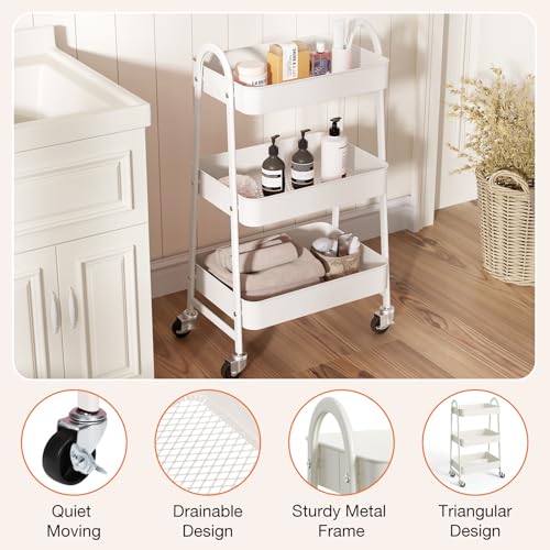 NEWBULIG 3-Tier Metal Rolling Cart with Lockable Wheels, Heavy Duty Mobile Utility Storage Shelf, Roller Book Snack Cart, Organization for Livingroom, Bathroom, Office, White | Mobile Organizer Shelf, Space-Saving, Freestanding, Bathroom, Living Room, Sli