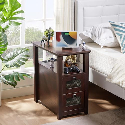 HDDDZSW Farmhouse XXL End Table with Charging Station, Narrow Side Table with USB Ports and Outlets, Nightstand with 2 Drawers Storage, Bedside Tables for Living Room, Bedroom, Rustic Cherry - color: Cherry