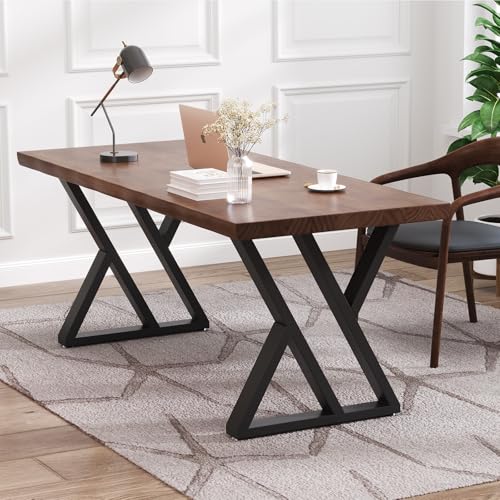 Solid Wood Desk 55 Inch, Rustic Wooden Writing Desk with Sturdy Metal Frame, Modern Simple Design Executive Real Wood Computer Desk for Home Office, Bedroom & Living Room - size: 55.12in